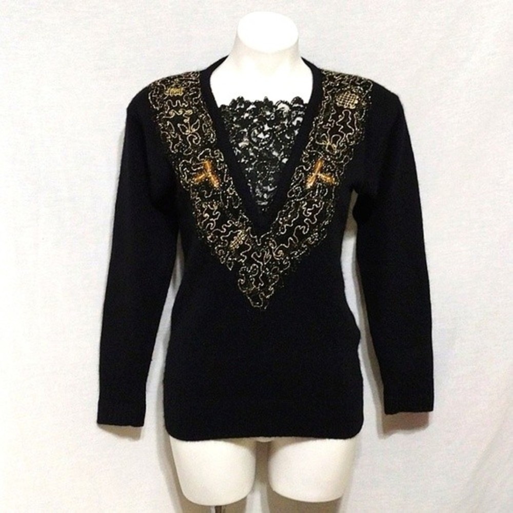 Michelle Stuart Fuzzy Mohair Blend Long Sleeve Top US 4 Metallic Embroidery 80s